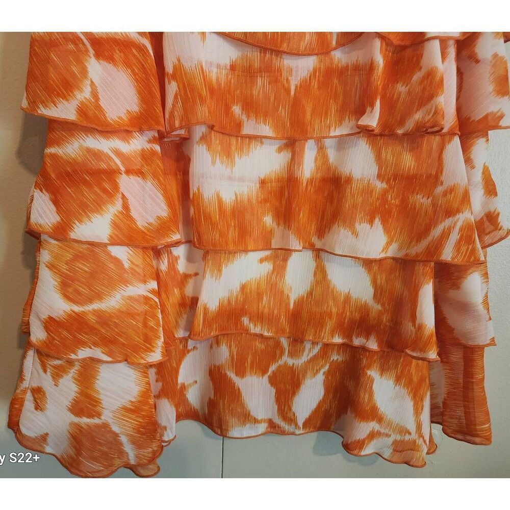 F21 Ninety ruffly orange and white floral blouse sleeveless tank w/straps - Picture 7 of 9